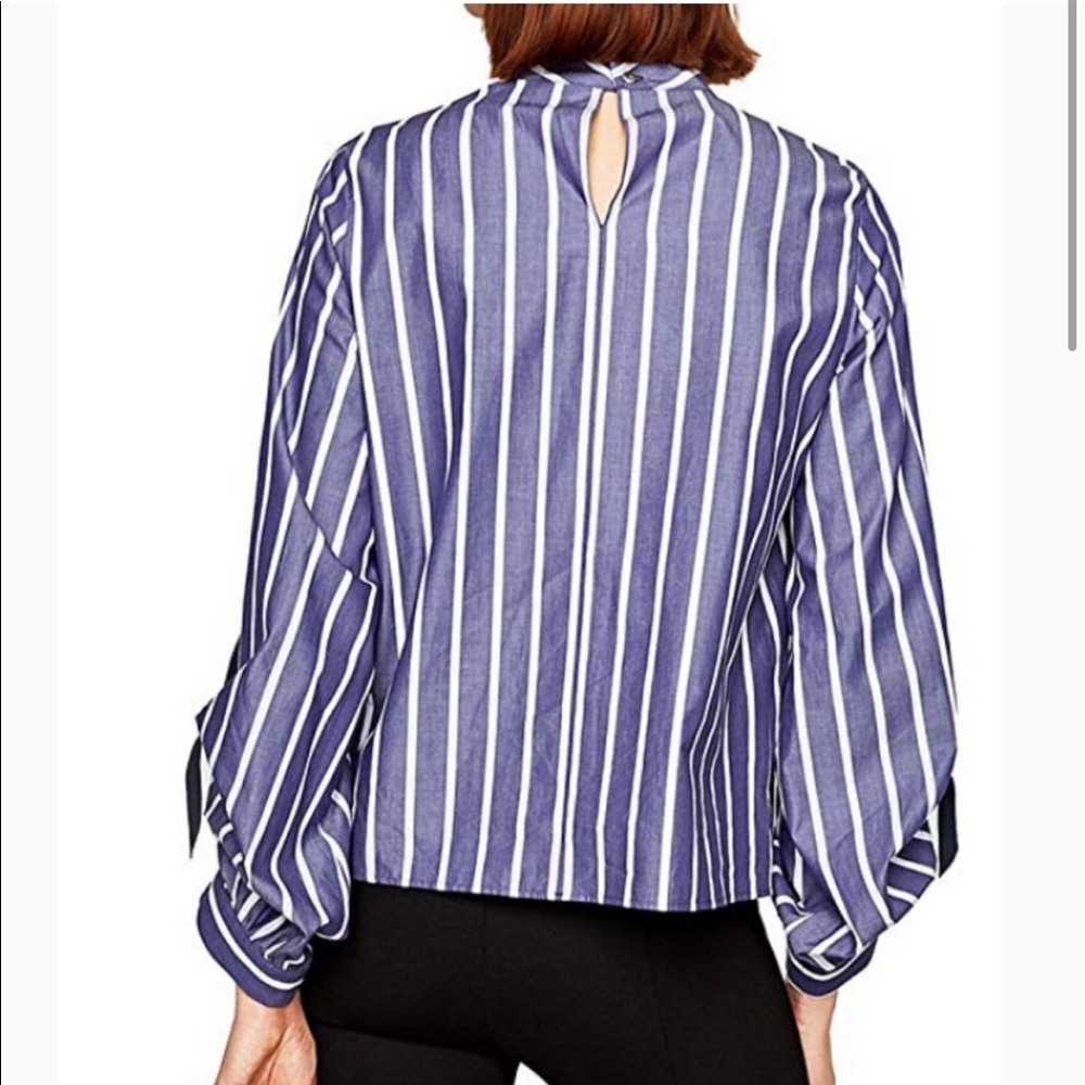 Zara Basic Z1975 Denim Blue and White Striped Top with Tie Sleeves S - Picture 3 of 5